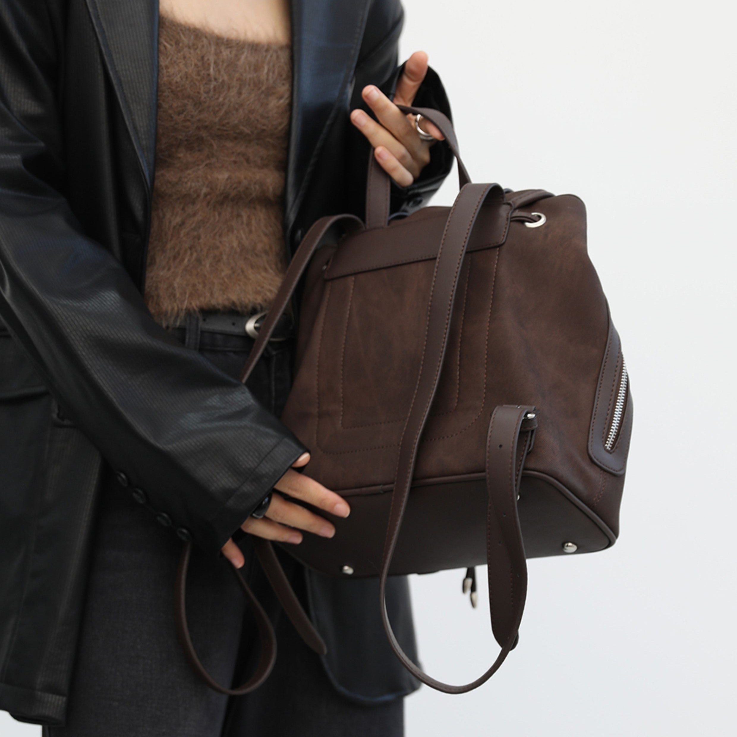Tie-dye coffee brown American style niche retro autumn/winter post-apocalyptic style backpack