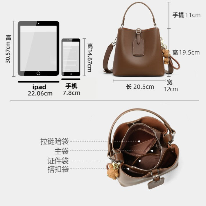 New women's bucket bag, genuine leather handbag, popular autumn/winter style, large capacity single shoulder, tote, and crossbody bag.