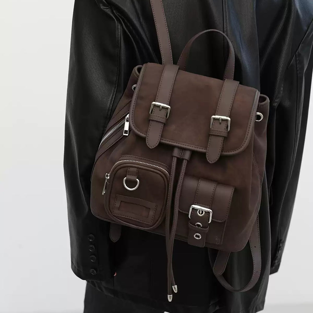 Tie-dye coffee brown American style niche retro autumn/winter post-apocalyptic style backpack