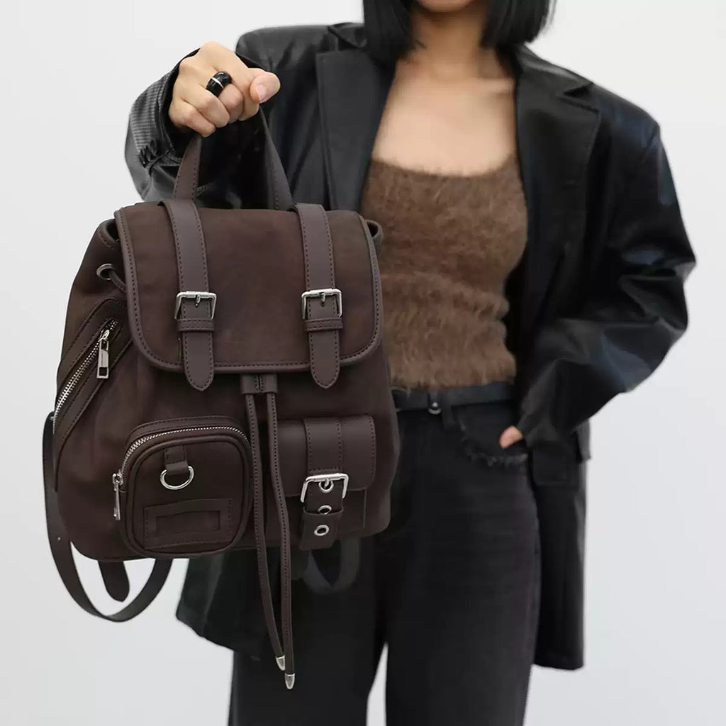 Tie-dye coffee brown American style niche retro autumn/winter post-apocalyptic style backpack